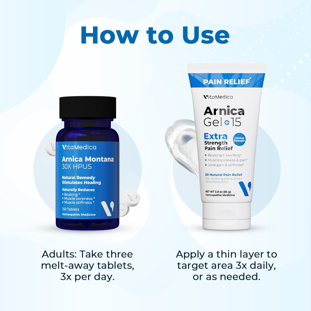 VitaMedica Arnica Montana Tablets & Arnica Gel Bundle – Support for Bruising, Swelling & Soreness, 150 Rapid-Dissolve Tablets + 3 oz Water-Based Gel - TrustMedUSA