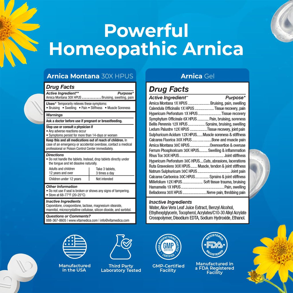 VitaMedica Arnica Montana Tablets & Arnica Gel Bundle – Support for Bruising, Swelling & Soreness, 150 Rapid-Dissolve Tablets + 3 oz Water-Based Gel - TrustMedUSA