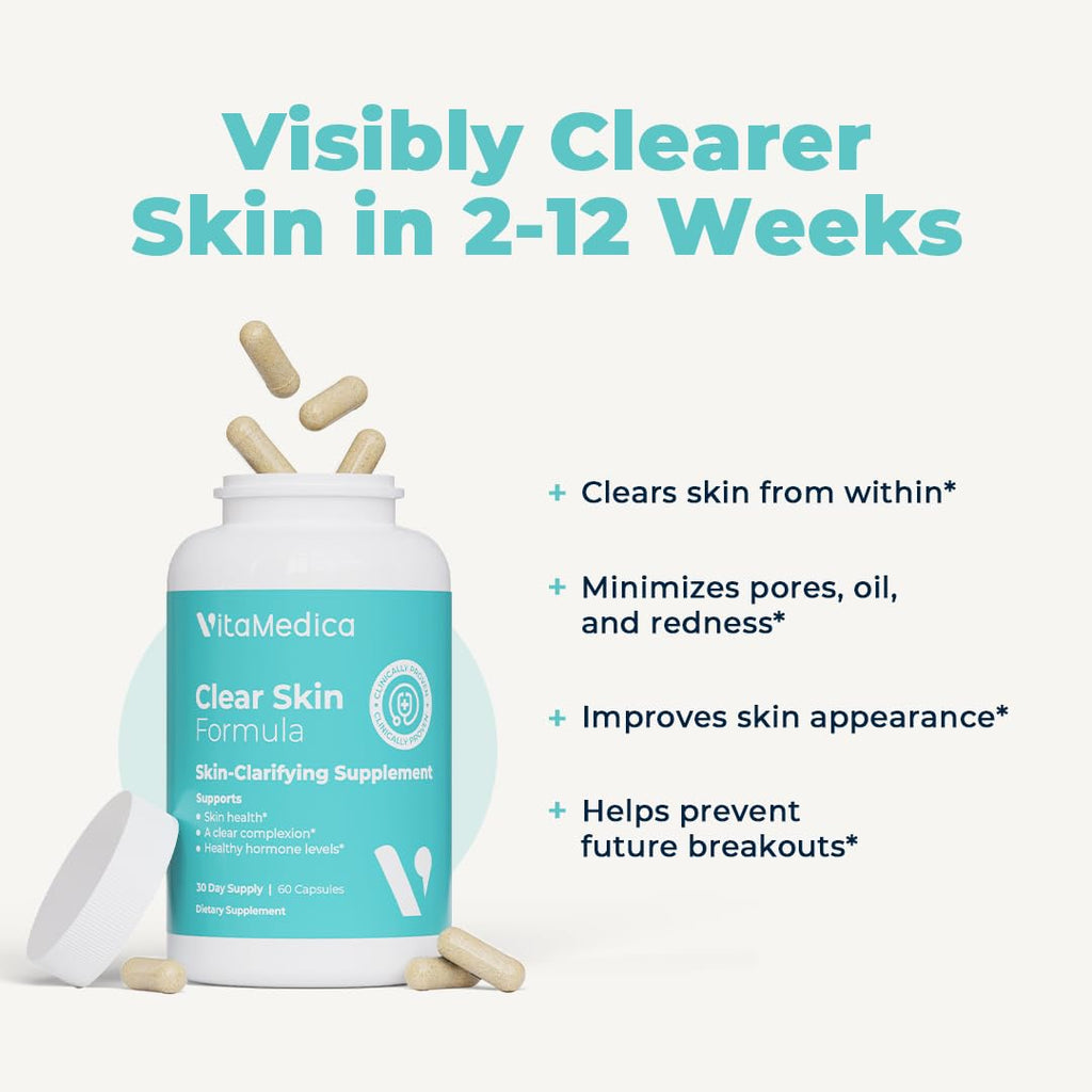 VitaMedica Clear Skin Vitamin Formula | Noncystic Acne Supplement for Skin Clearing | Breakout Treatment for Women and Men | Vitamins A, C, E, Selenium, Chromium, and Zinc for Skin Health | 2 Pack - TrustMedUSA