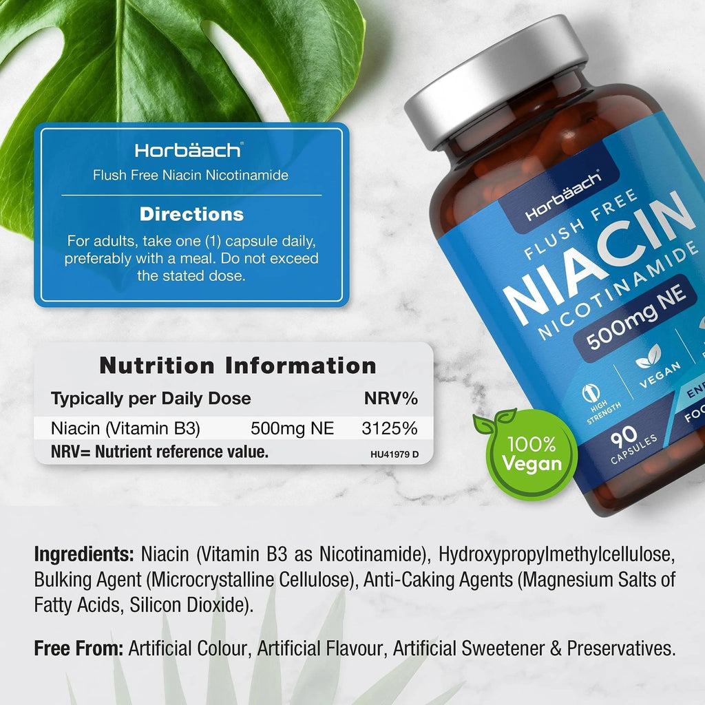 Vitamin B3 Niacin 500mg | 90 Vegan Capsules | Flush Free Nicotinamide Supplement - TrustMedUSA