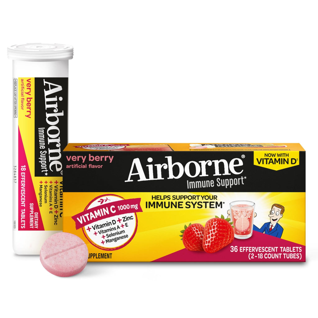 Vitamin C 1000mg (per serving) - Airborne Very Berry Effervescent Tablets (36 count in a box), Gluten-Free Immune Support Supplement, With Vitamins A C E, ZINC, Selenium, Echinacea & Ginger - TrustMedUSA