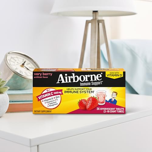 Vitamin C 1000mg (per serving) - Airborne Very Berry Effervescent Tablets (36 count in a box), Gluten-Free Immune Support Supplement, With Vitamins A C E, ZINC, Selenium, Echinacea & Ginger - TrustMedUSA