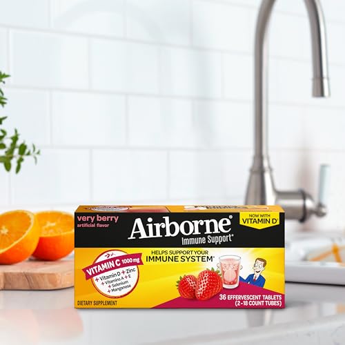 Vitamin C 1000mg (per serving) - Airborne Very Berry Effervescent Tablets (36 count in a box), Gluten-Free Immune Support Supplement, With Vitamins A C E, ZINC, Selenium, Echinacea & Ginger - TrustMedUSA