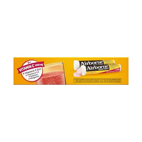 Vitamin C 1000mg (per serving) - Airborne Very Berry Effervescent Tablets (36 count in a box), Gluten-Free Immune Support Supplement, With Vitamins A C E, ZINC, Selenium, Echinacea & Ginger - TrustMedUSA