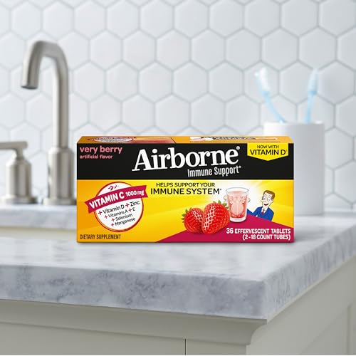 Vitamin C 1000mg (per serving) - Airborne Very Berry Effervescent Tablets (36 count in a box), Gluten-Free Immune Support Supplement, With Vitamins A C E, ZINC, Selenium, Echinacea & Ginger - TrustMedUSA