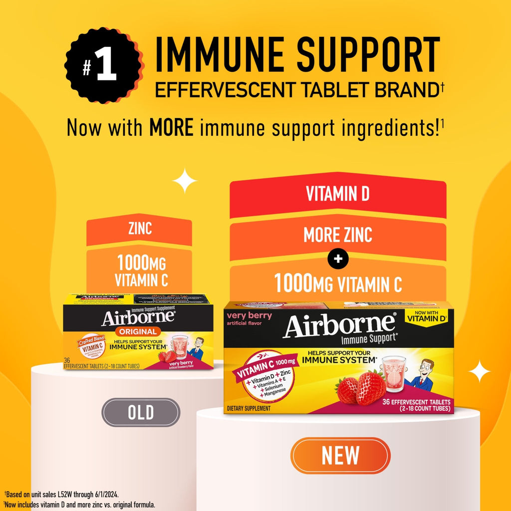 Vitamin C 1000mg (per serving) - Airborne Very Berry Effervescent Tablets (36 count in a box), Gluten-Free Immune Support Supplement, With Vitamins A C E, ZINC, Selenium, Echinacea & Ginger - TrustMedUSA