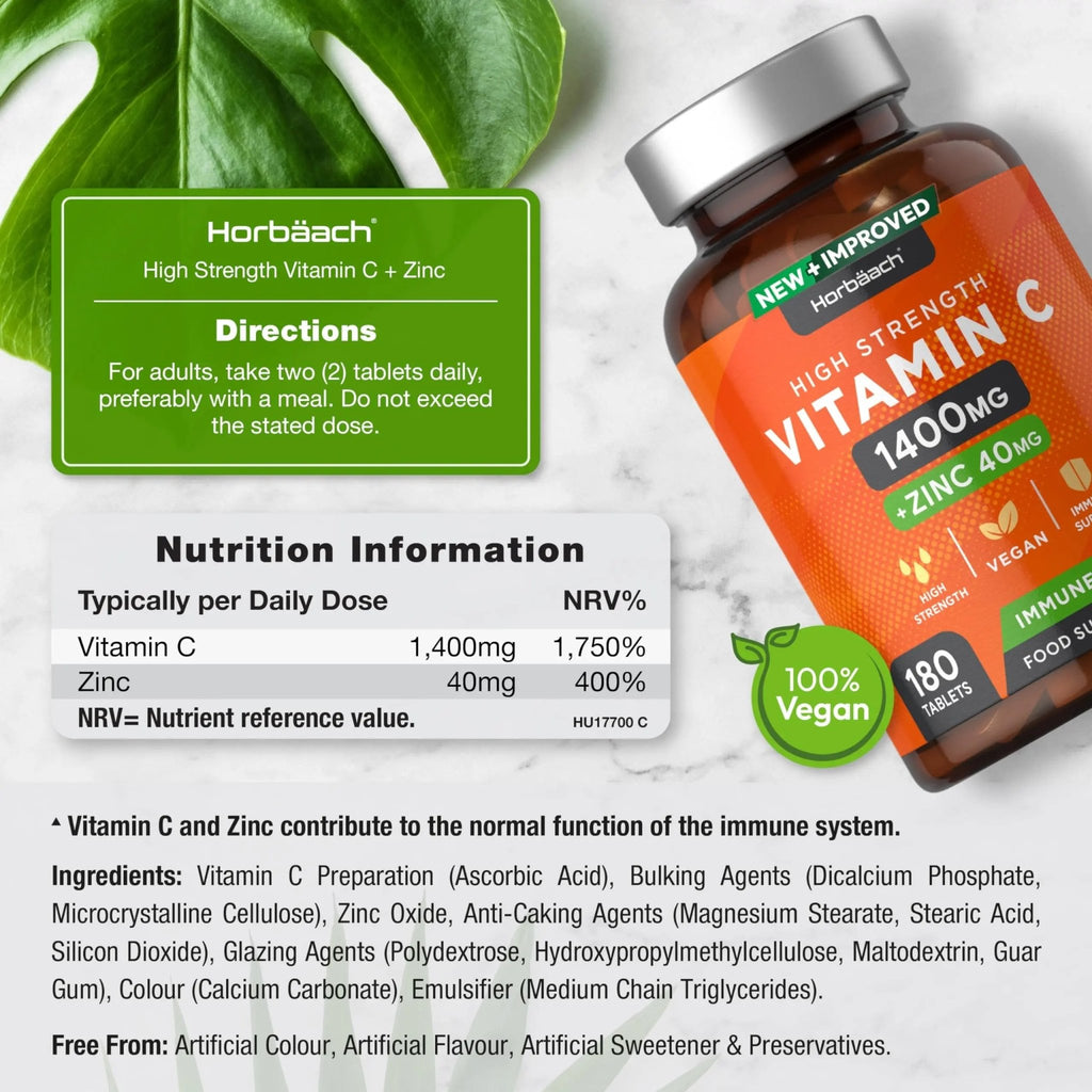 Vitamin C and Zinc | 180 Vegan Tablets | High Strength Vitamin C 1400mg and Zinc 40mg - TrustMedUSA