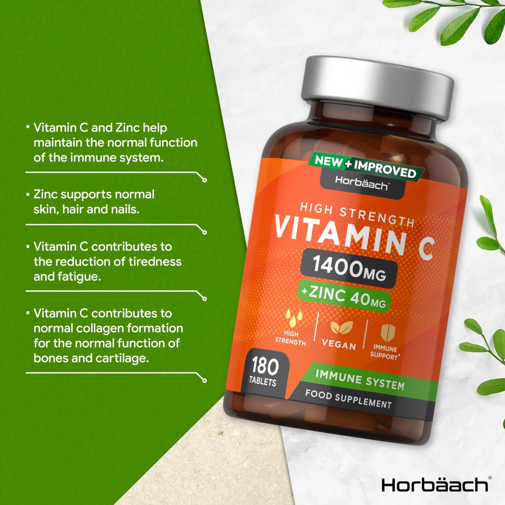 Vitamin C and Zinc | 180 Vegan Tablets | High Strength Vitamin C 1400mg and Zinc 40mg - TrustMedUSA
