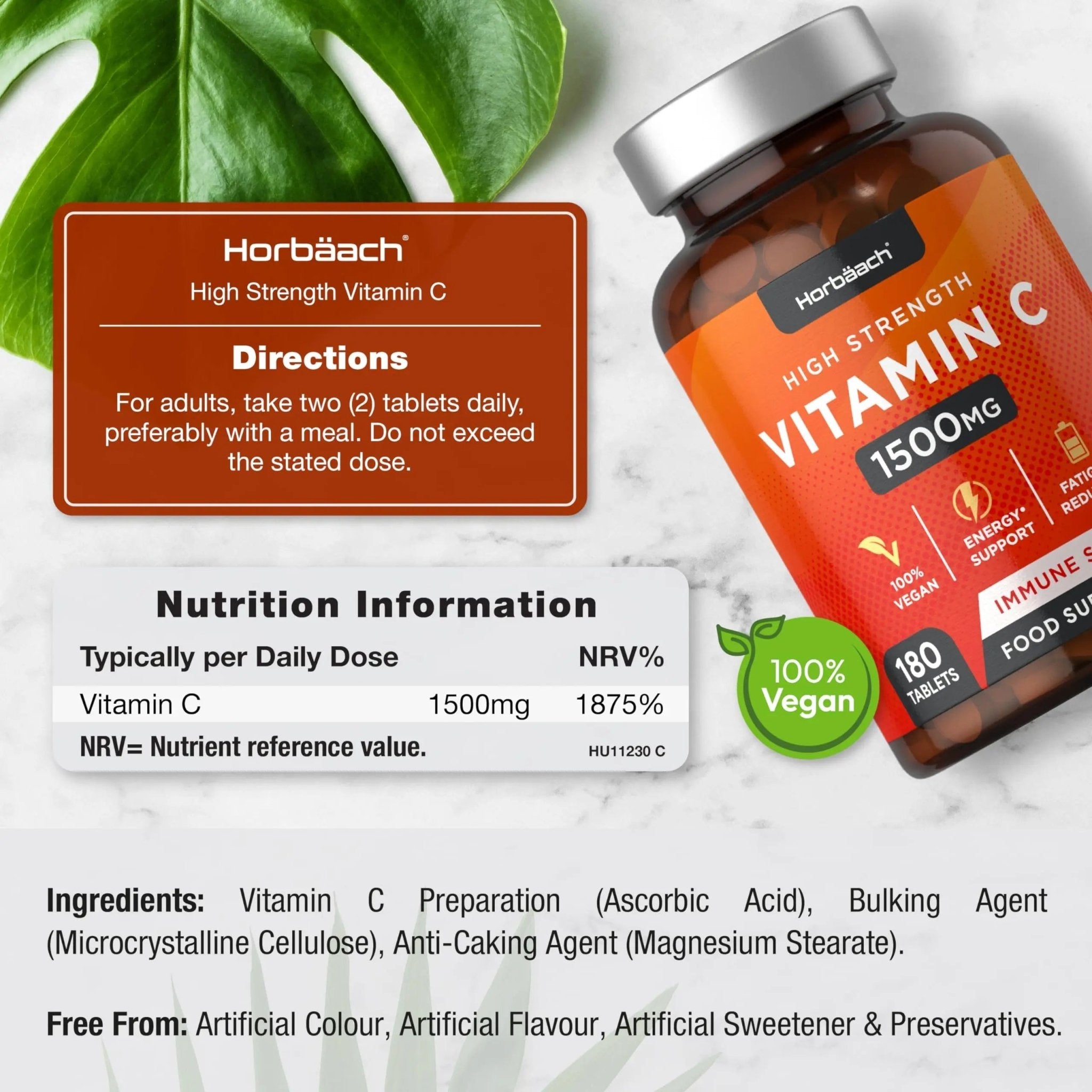 Vitamin C Tablets 1500mg | 180 Count | High Strength Vegan Supplement | No Artificial - TrustMedUSA