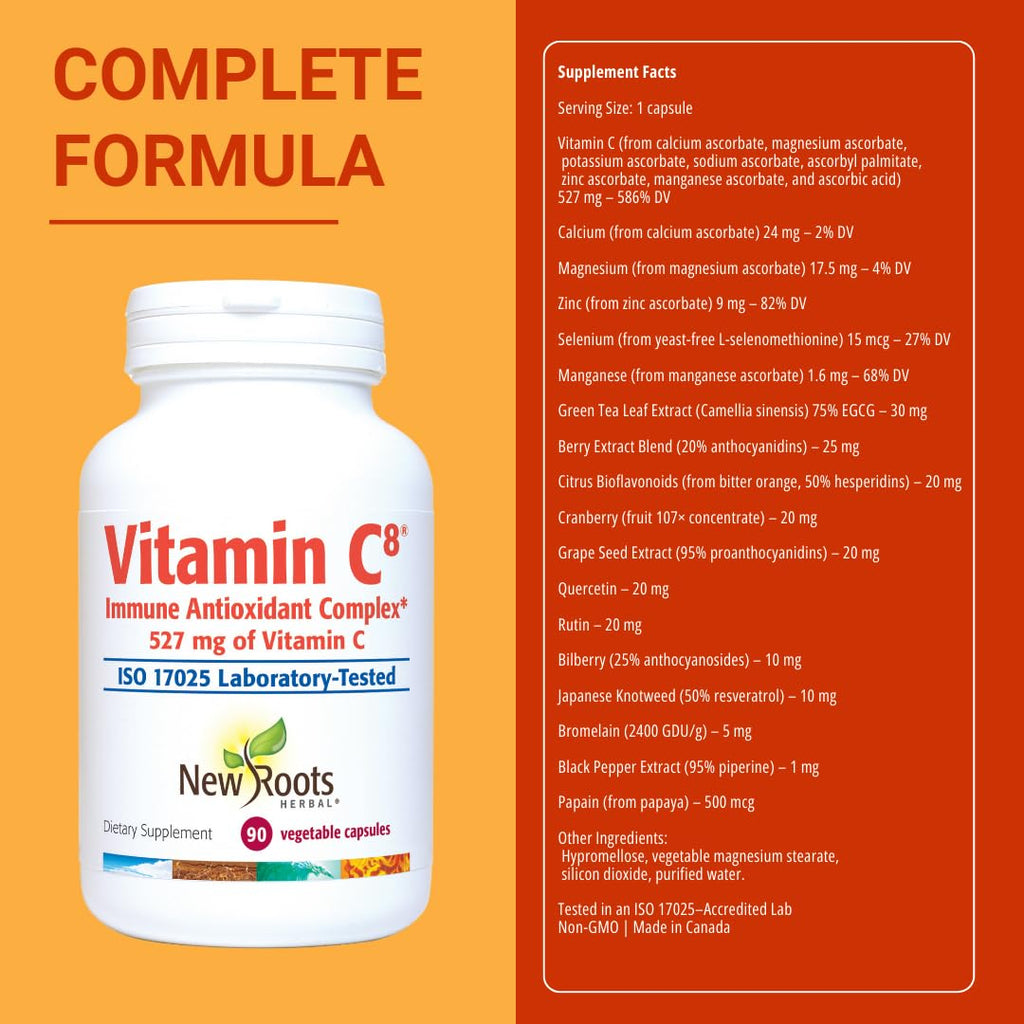 Vitamin C8 + Zinc Supplement for Higest Absorption (90 Capsules) | 527mg per Portion | 8 Buffered Sources of Vitamin C with Bioflavonoids, Green Tea & Quercetin for Stronger Defense | 3 months Supply - TrustMedUSA