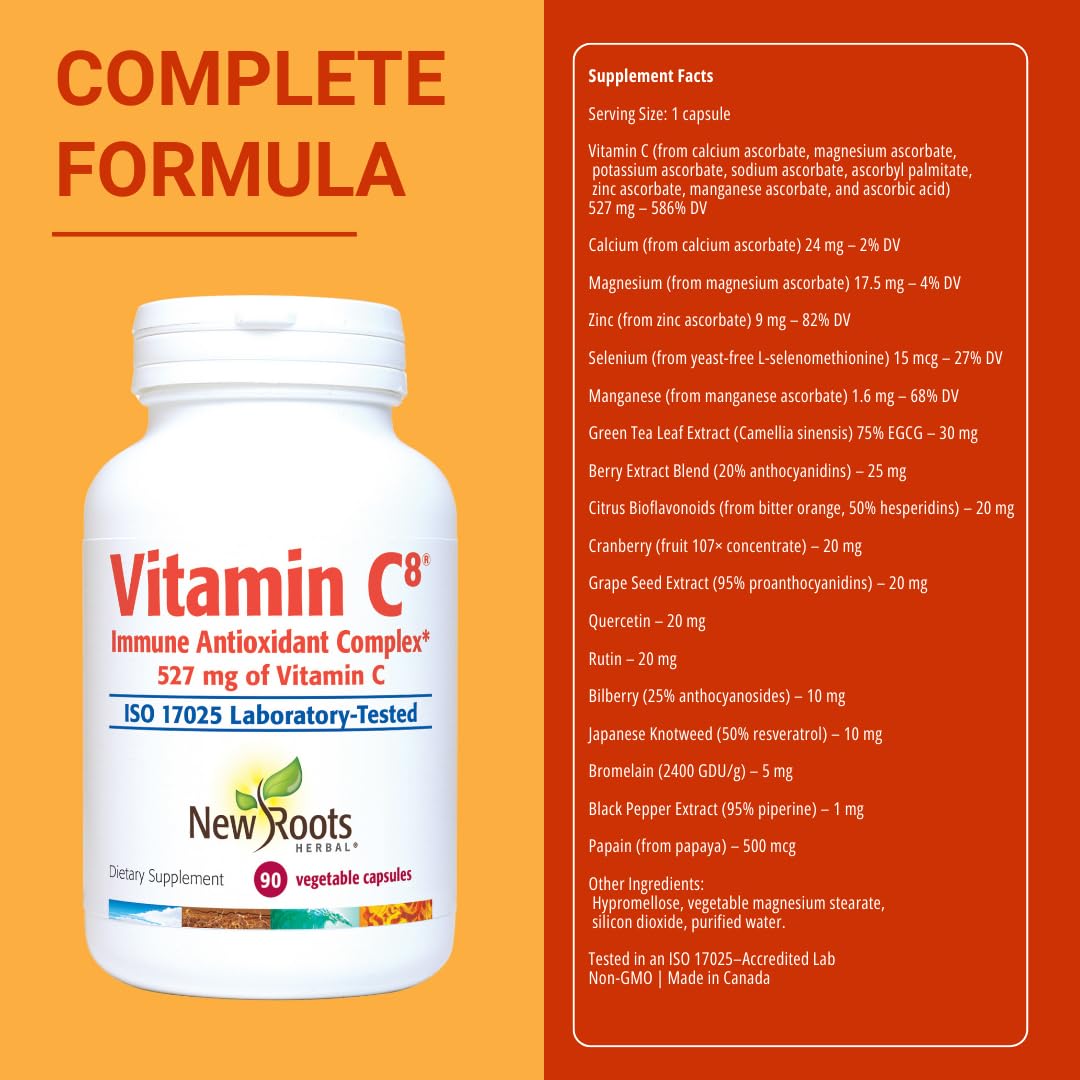 Vitamin C8 + Zinc Supplement for Higest Absorption (90 Capsules) | 527mg per Portion | 8 Buffered Sources of Vitamin C with Bioflavonoids, Green Tea & Quercetin for Stronger Defense | 3 months Supply - TrustMedUSA