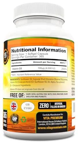 Vitamin D 4,000 IU Softgels, Maximum Strength Vitamin D3 Supplement, 365 Easy to Swallo - TrustMedUSA