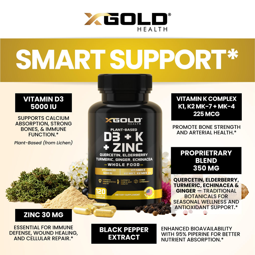 Vitamin D, K2, K1, Zinc, Quercetin, Elderberry, Turmeric, Ginger & Echinacea Whole Food Supplement 8 in 1- D3 5000 IU Plant-Based from Lichen, Vitamin K (K2 MK7, MK4, K1) - TrustMedUSA