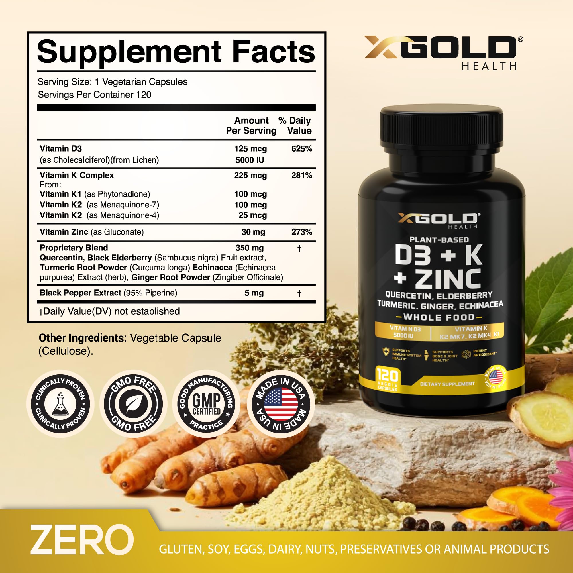 Vitamin D, K2, K1, Zinc, Quercetin, Elderberry, Turmeric, Ginger & Echinacea Whole Food Supplement 8 in 1- D3 5000 IU Plant-Based from Lichen, Vitamin K (K2 MK7, MK4, K1) - TrustMedUSA