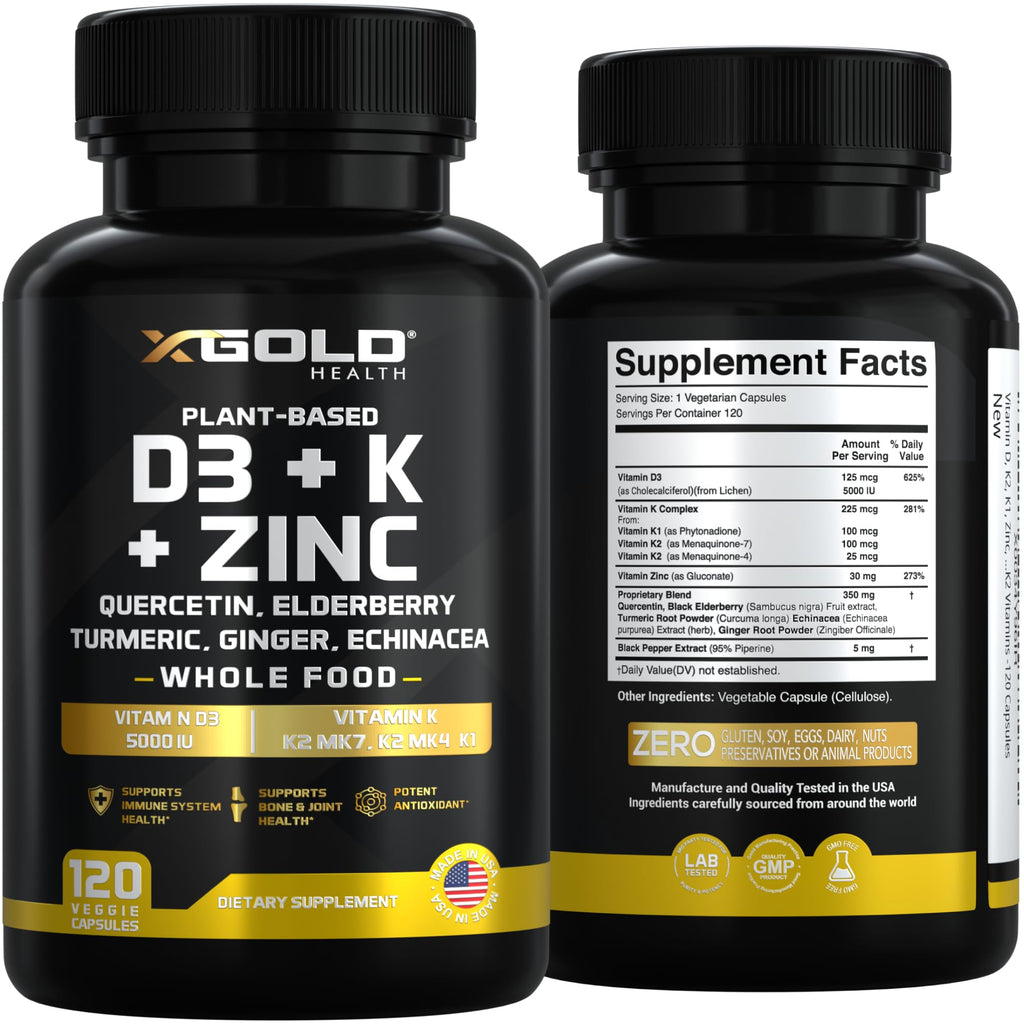 Vitamin D, K2, K1, Zinc, Quercetin, Elderberry, Turmeric, Ginger & Echinacea Whole Food Supplement 8 in 1- D3 5000 IU Plant-Based from Lichen, Vitamin K (K2 MK7, MK4, K1) - TrustMedUSA
