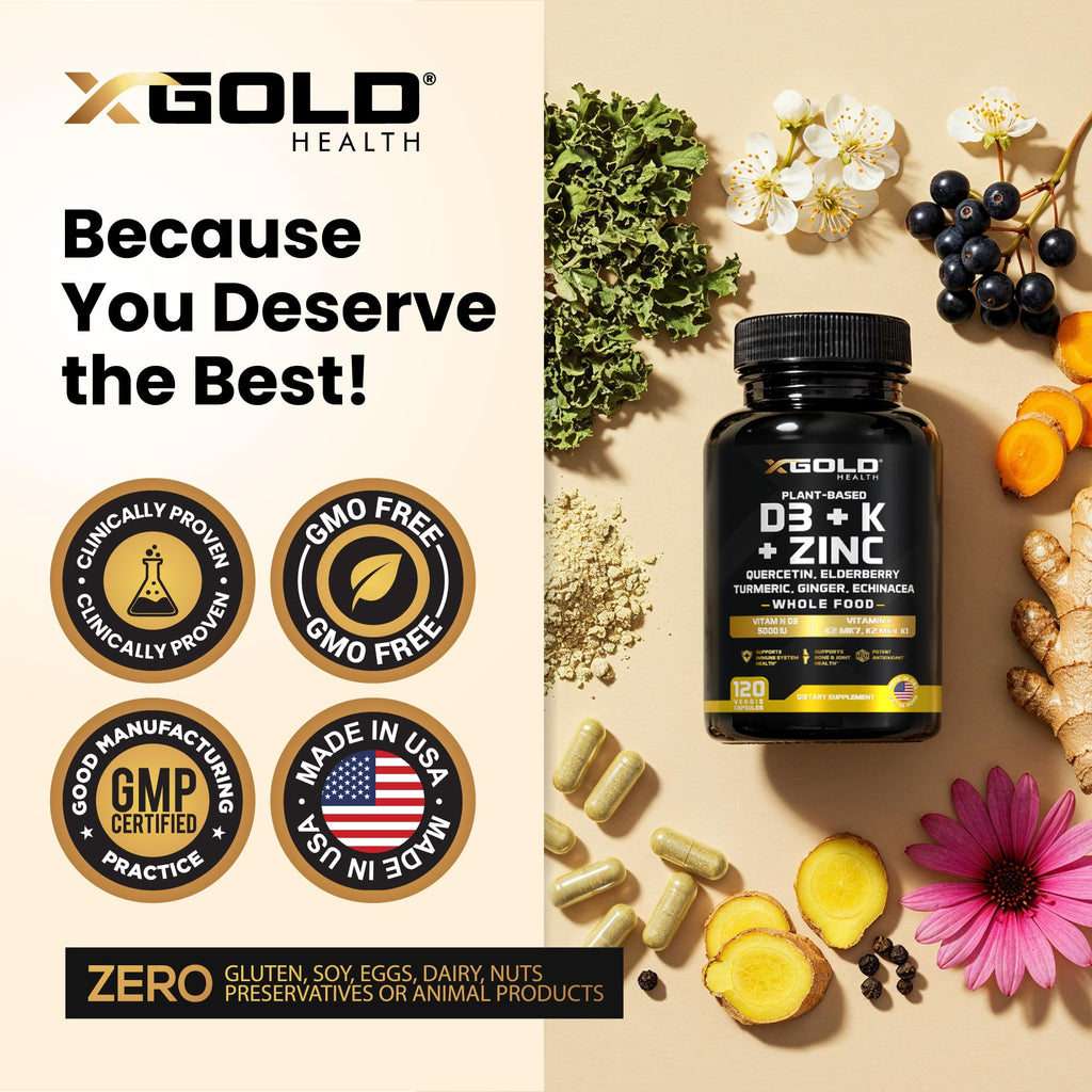 Vitamin D, K2, K1, Zinc, Quercetin, Elderberry, Turmeric, Ginger & Echinacea Whole Food Supplement 8 in 1- D3 5000 IU Plant-Based from Lichen, Vitamin K (K2 MK7, MK4, K1) - TrustMedUSA