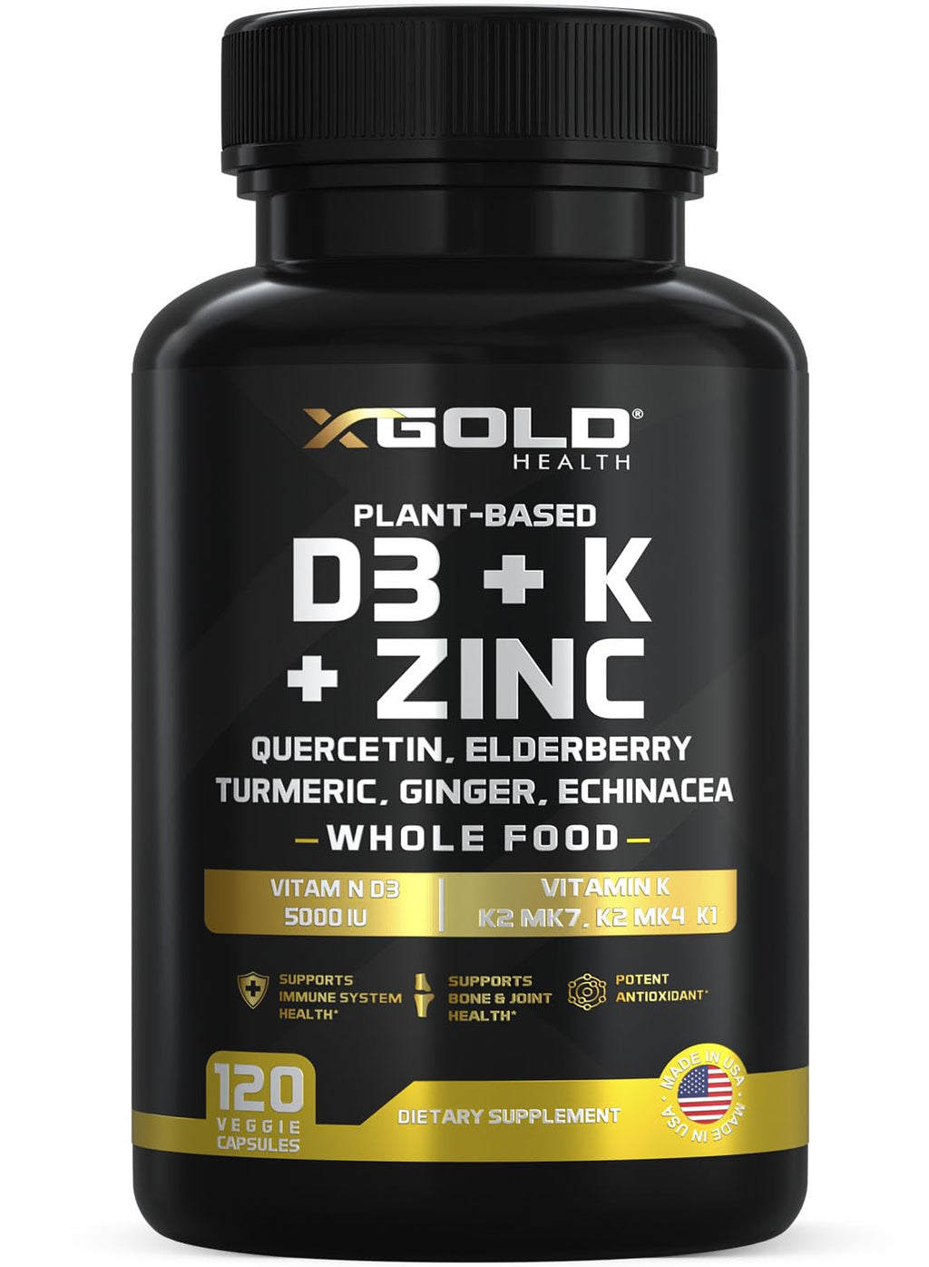 Vitamin D, K2, K1, Zinc, Quercetin, Elderberry, Turmeric, Ginger & Echinacea Whole Food Supplement 8 in 1- D3 5000 IU Plant-Based from Lichen, Vitamin K (K2 MK7, MK4, K1) - TrustMedUSA