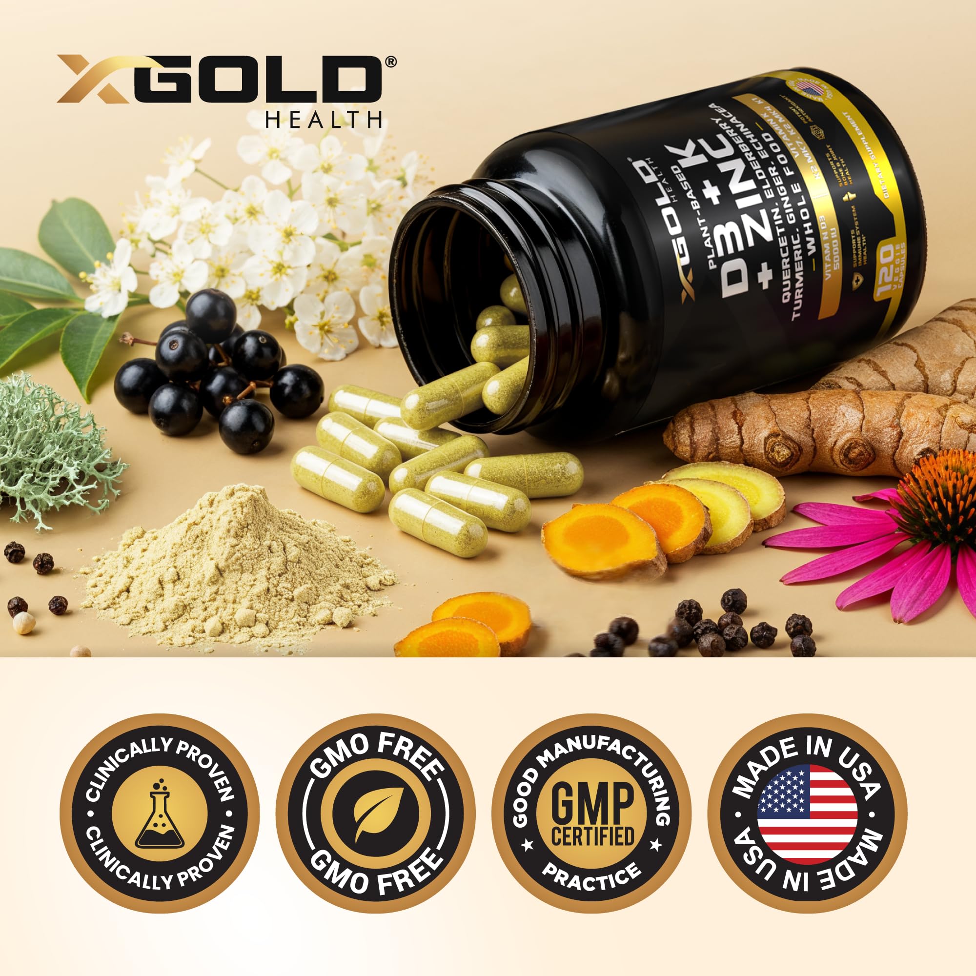 Vitamin D, K2, K1, Zinc, Quercetin, Elderberry, Turmeric, Ginger & Echinacea Whole Food Supplement 8 in 1- D3 5000 IU Plant-Based from Lichen, Vitamin K (K2 MK7, MK4, K1) - TrustMedUSA