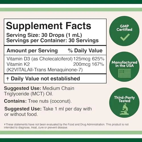 Vitamin D3 K2 5,000 IU Liquid Drops (5,000 IU of D3 and 200mcg of 99.9% All-Trans - TrustMedUSA