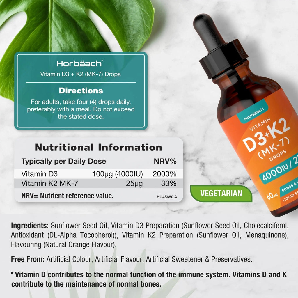 Vitamin D3 K2 Drops | 60mL | High Strength Vitamin D3 4000iu and K2 25ug | No Artificial - TrustMedUSA