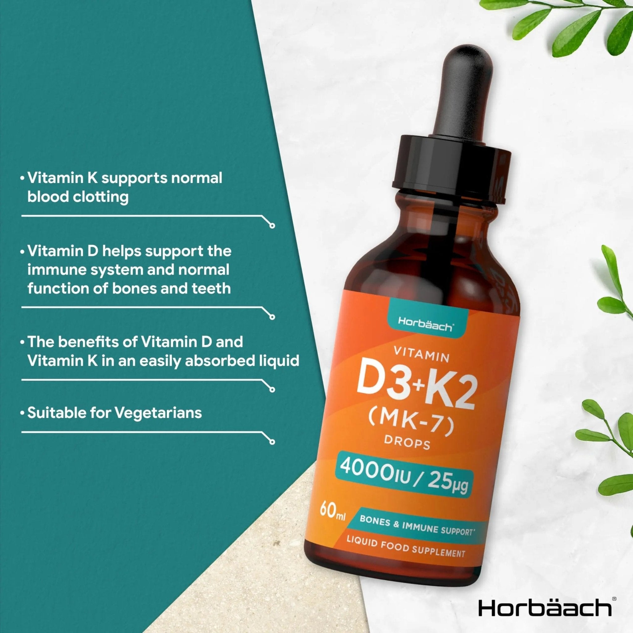 Vitamin D3 K2 Drops | 60mL | High Strength Vitamin D3 4000iu and K2 25ug | No Artificial - TrustMedUSA