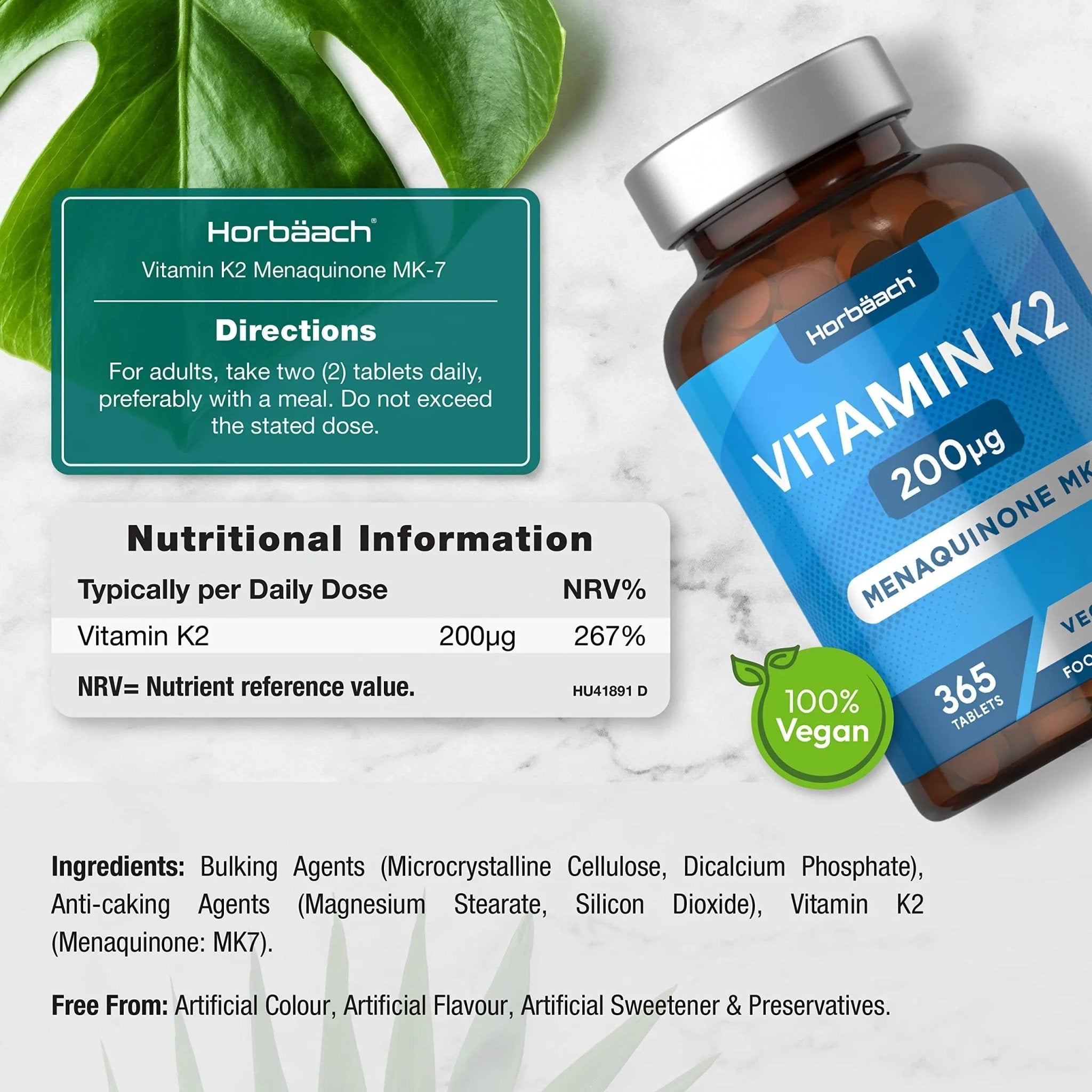 Vitamin K2 MK7 200ug | 365 Vegan Tablets | High Strength Menaquinone MK-7 - TrustMedUSA