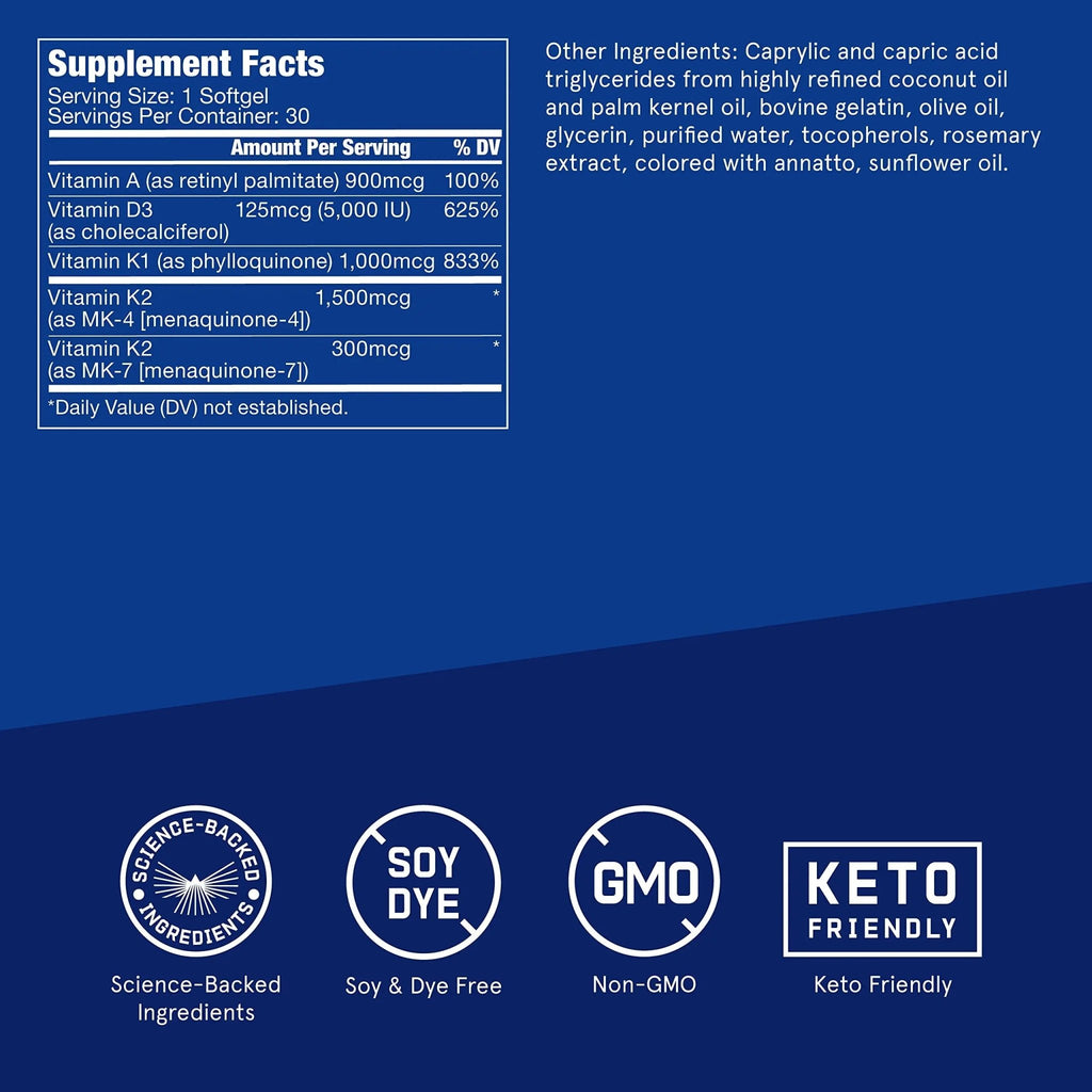 Vitamins A-D-K, 30 Softgels, 900mcg Vitamin A, with 5000 IU D3, K1, K2, K3, High Potency - TrustMedUSA