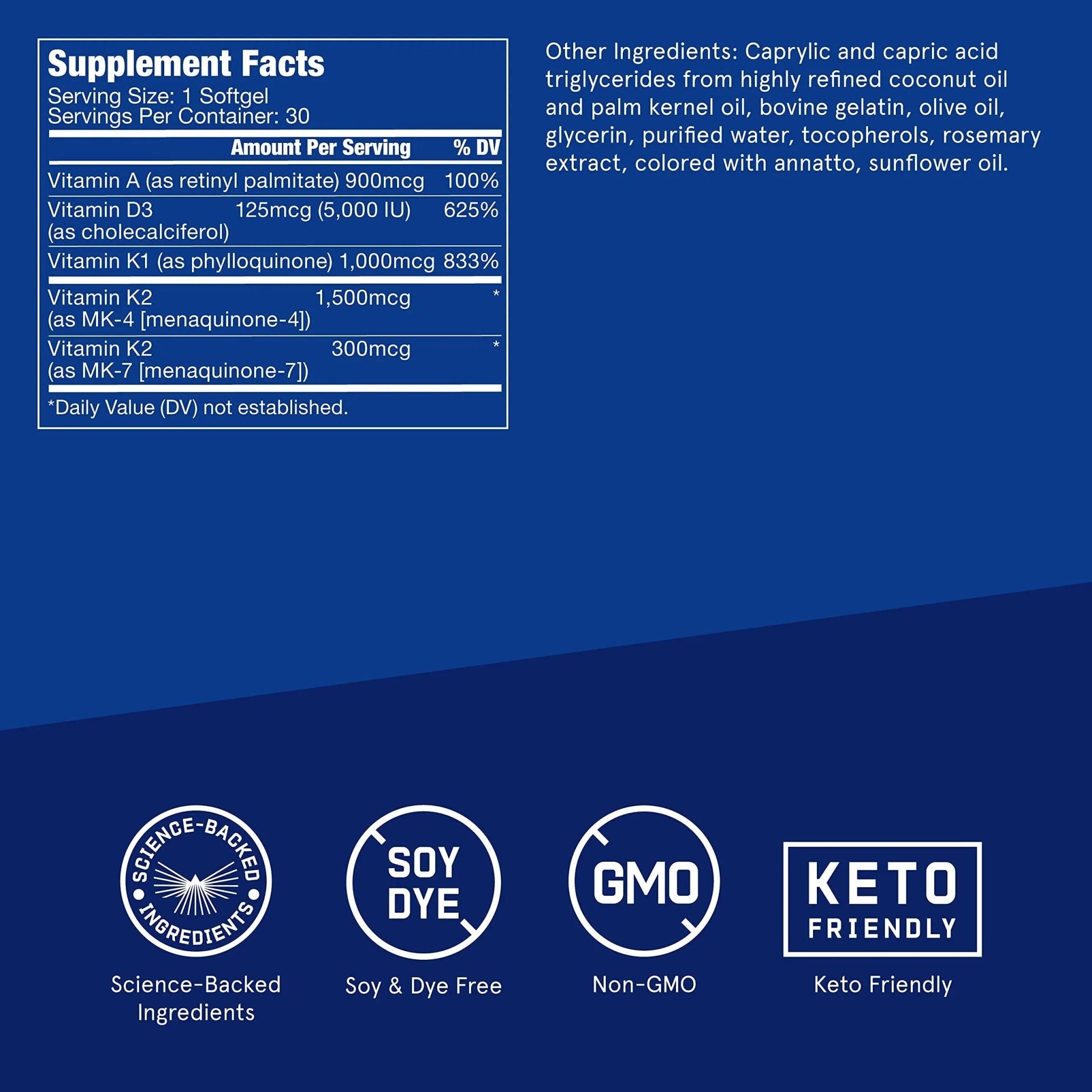 Vitamins A-D-K, 30 Softgels, 900mcg Vitamin A, with 5000 IU D3, K1, K2, K3, High Potency - TrustMedUSA