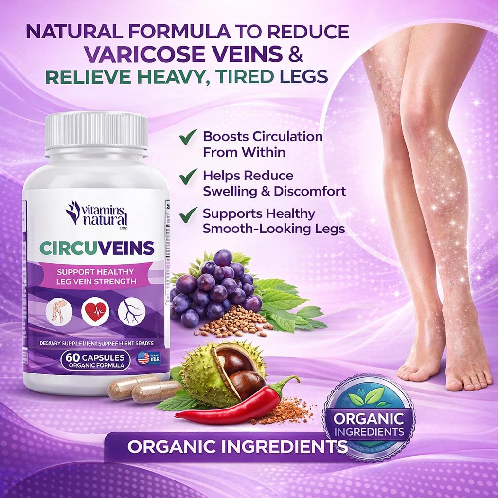 VITAMINS NATURAL CORP. CircuVeins Varicose Veins Support for Legs Capsules – Organic Vein Health Supplement with Horse Chestnut Grape Extract and Cayenne Pepper – 60 Capsules - TrustMedUSA