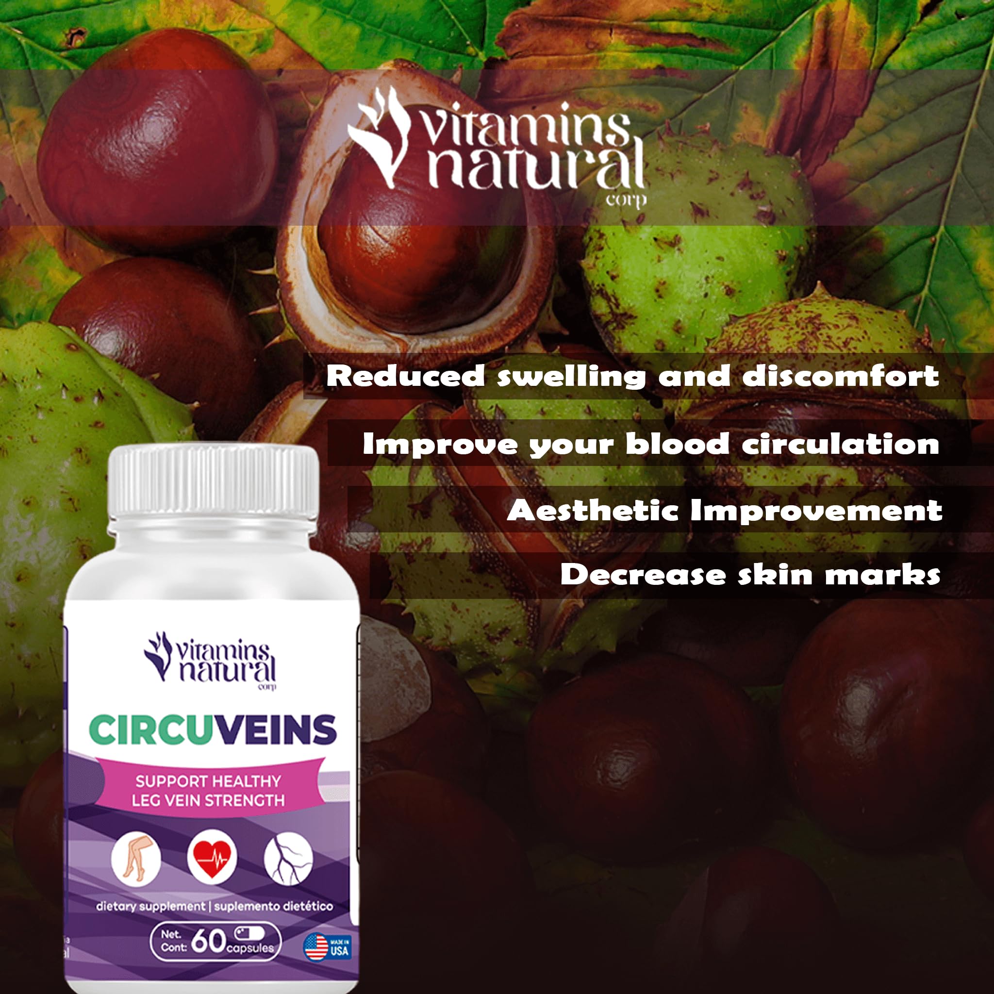 VITAMINS NATURAL CORP. CircuVeins Varicose Veins Support for Legs Capsules – Organic Vein Health Supplement with Horse Chestnut Grape Extract and Cayenne Pepper – 60 Capsules - TrustMedUSA