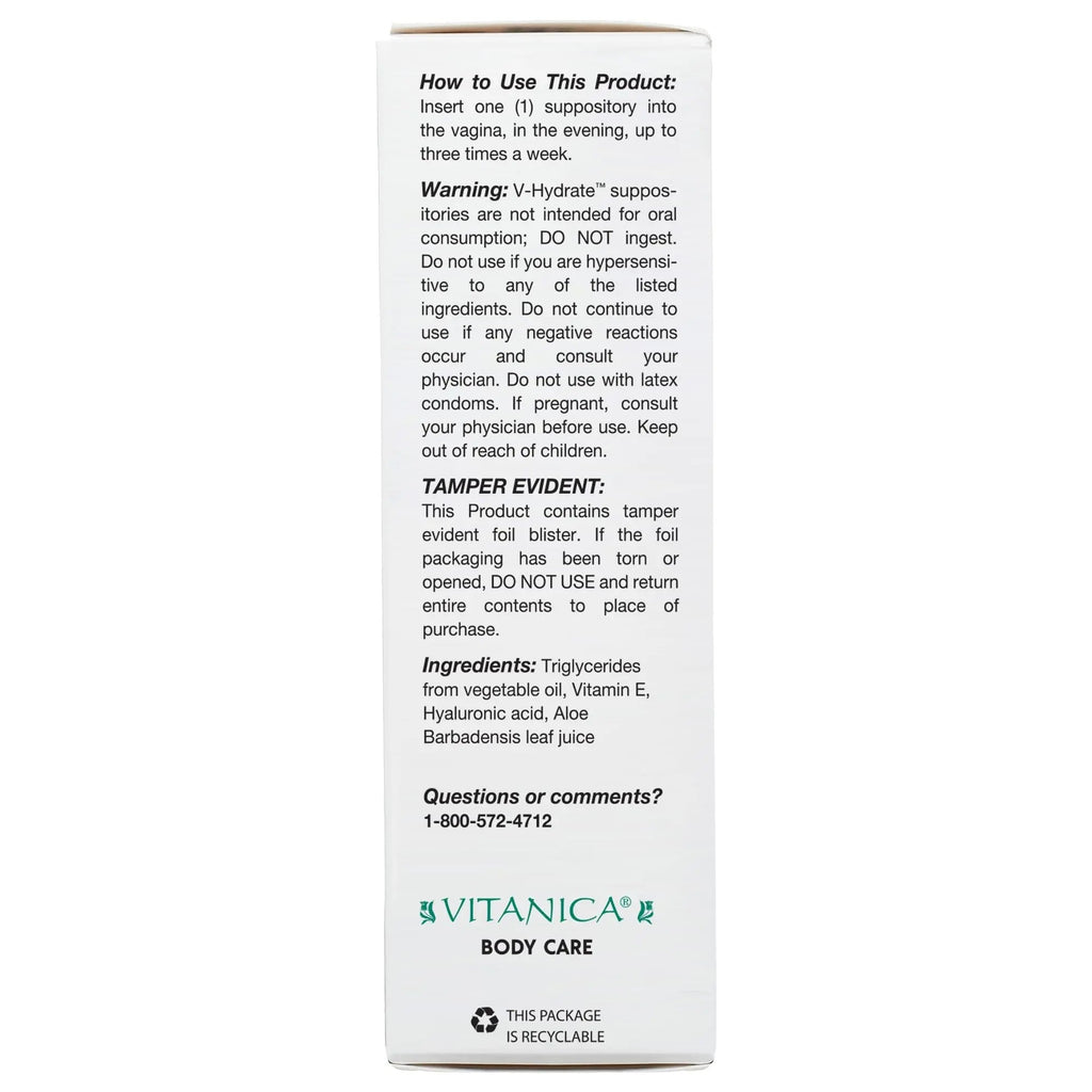 Vitanica V-Hydrate, Hyaluronic Acid Vaginal Suppositories for Comfort and Vaginal Hydration with Aloe Vera and Vitamin E, Hormone-Free & Drug-Free, Vegan, 2 Month Supply, 24 Count - TrustMedUSA