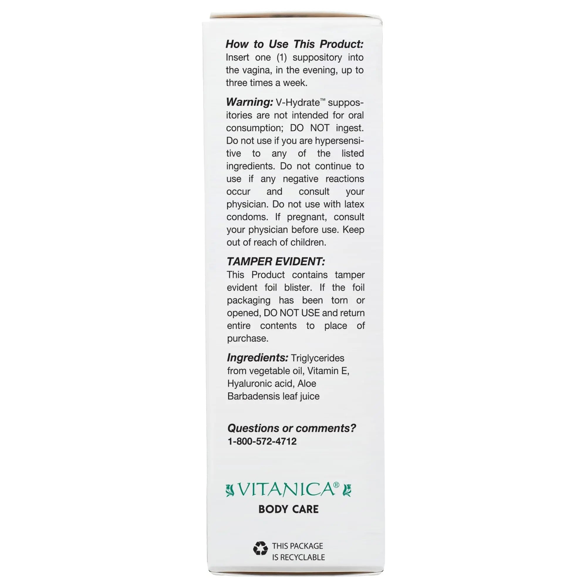 Vitanica V-Hydrate, Hyaluronic Acid Vaginal Suppositories for Comfort and Vaginal Hydration with Aloe Vera and Vitamin E, Hormone-Free & Drug-Free, Vegan, 2 Month Supply, 24 Count - TrustMedUSA
