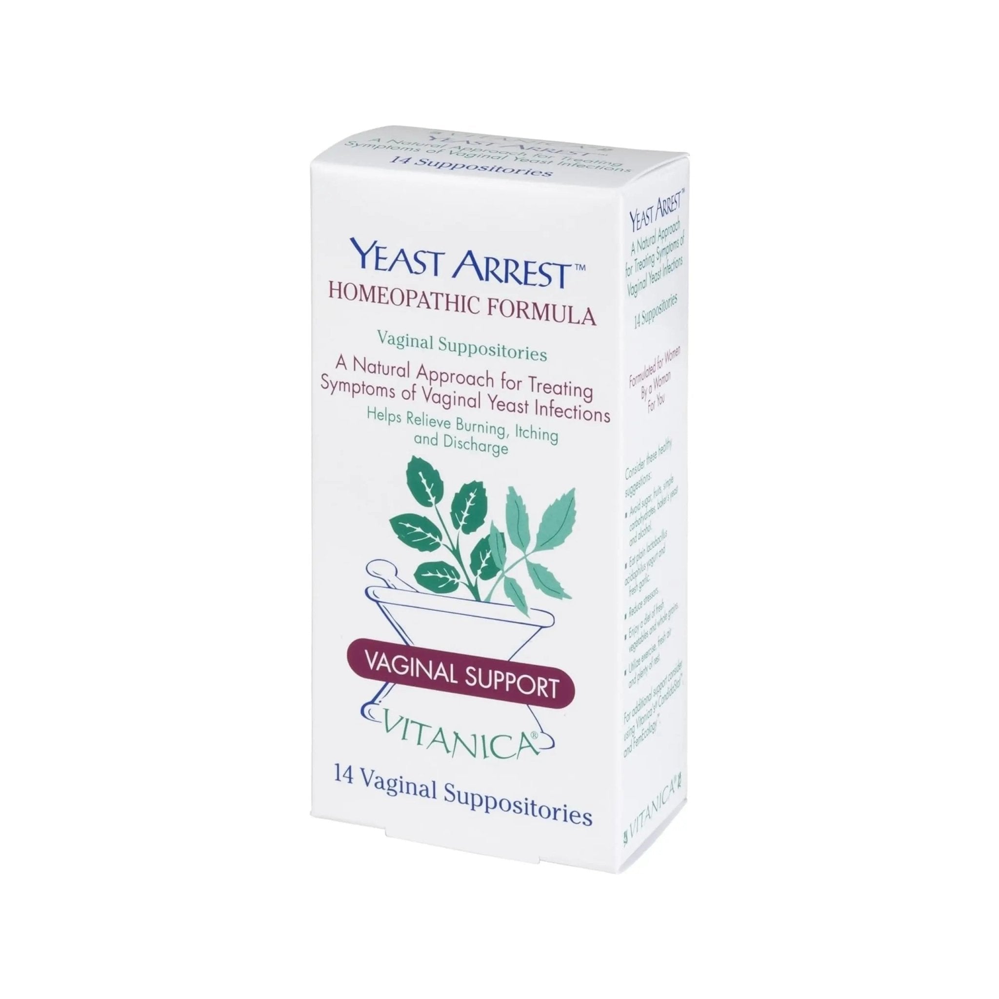 Vitanica Yeast Arrest, Homeopathic Vaginal Suppositories, for Yeast Infection Symptoms, Relieves Burning, Itching & Discharge, with Boric Acid, Tea Tree Oil & Probiotics, Vegan (Pro Logo, 14ct) - TrustMedUSA