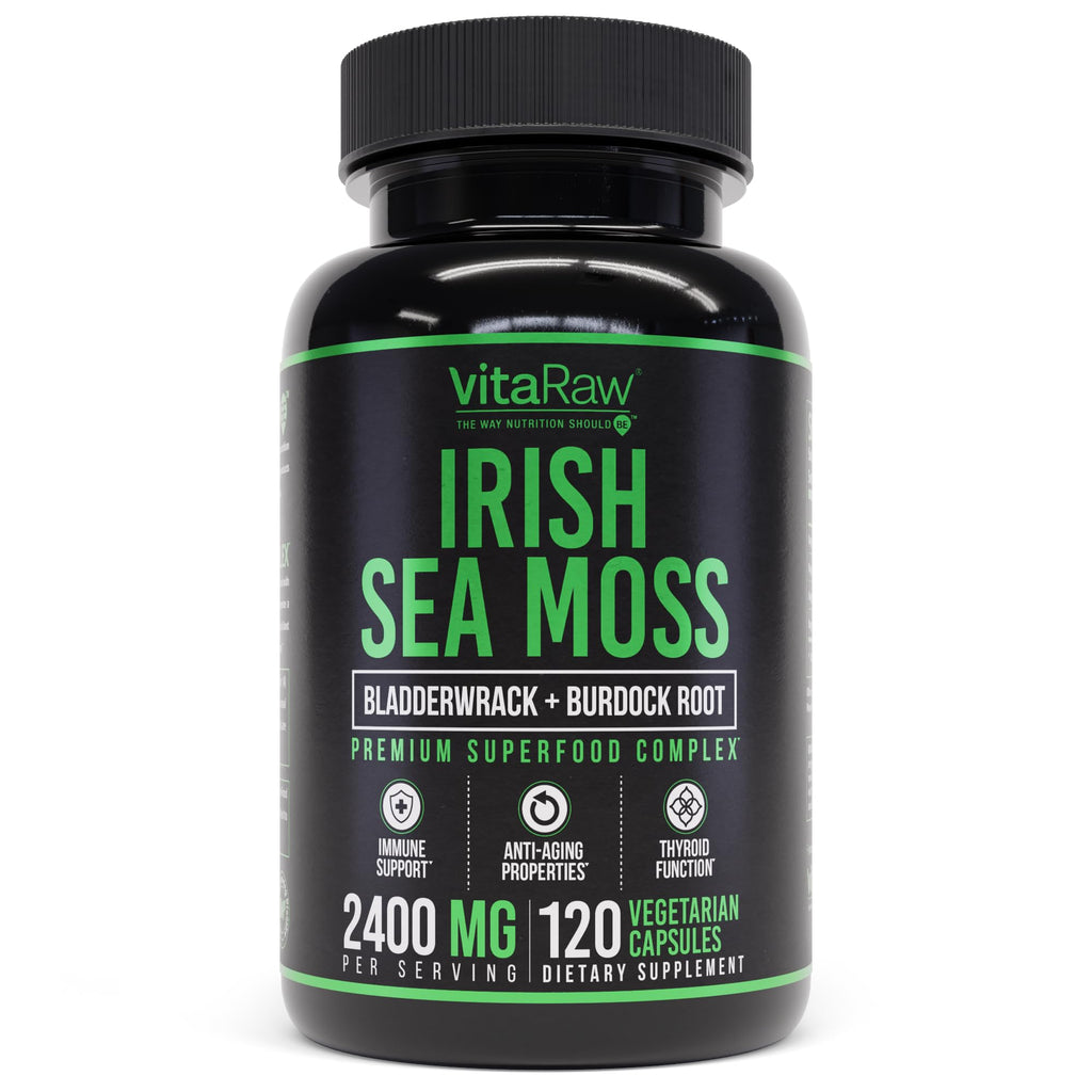 VitaRaw Organic Irish Sea Moss Capsules 2400 mg - Burdock Root and Bladderwrack Powder Real Seamoss Pills for Immune Support, Joint and Gut Health Help - Raw Sea Moss Advanced Herbal Supplement - TrustMedUSA