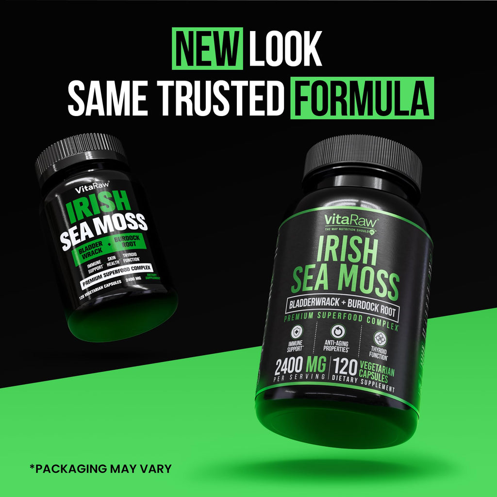 VitaRaw Organic Irish Sea Moss Capsules 2400 mg - Burdock Root and Bladderwrack Powder Real Seamoss Pills for Immune Support, Joint and Gut Health Help - Raw Sea Moss Advanced Herbal Supplement - TrustMedUSA