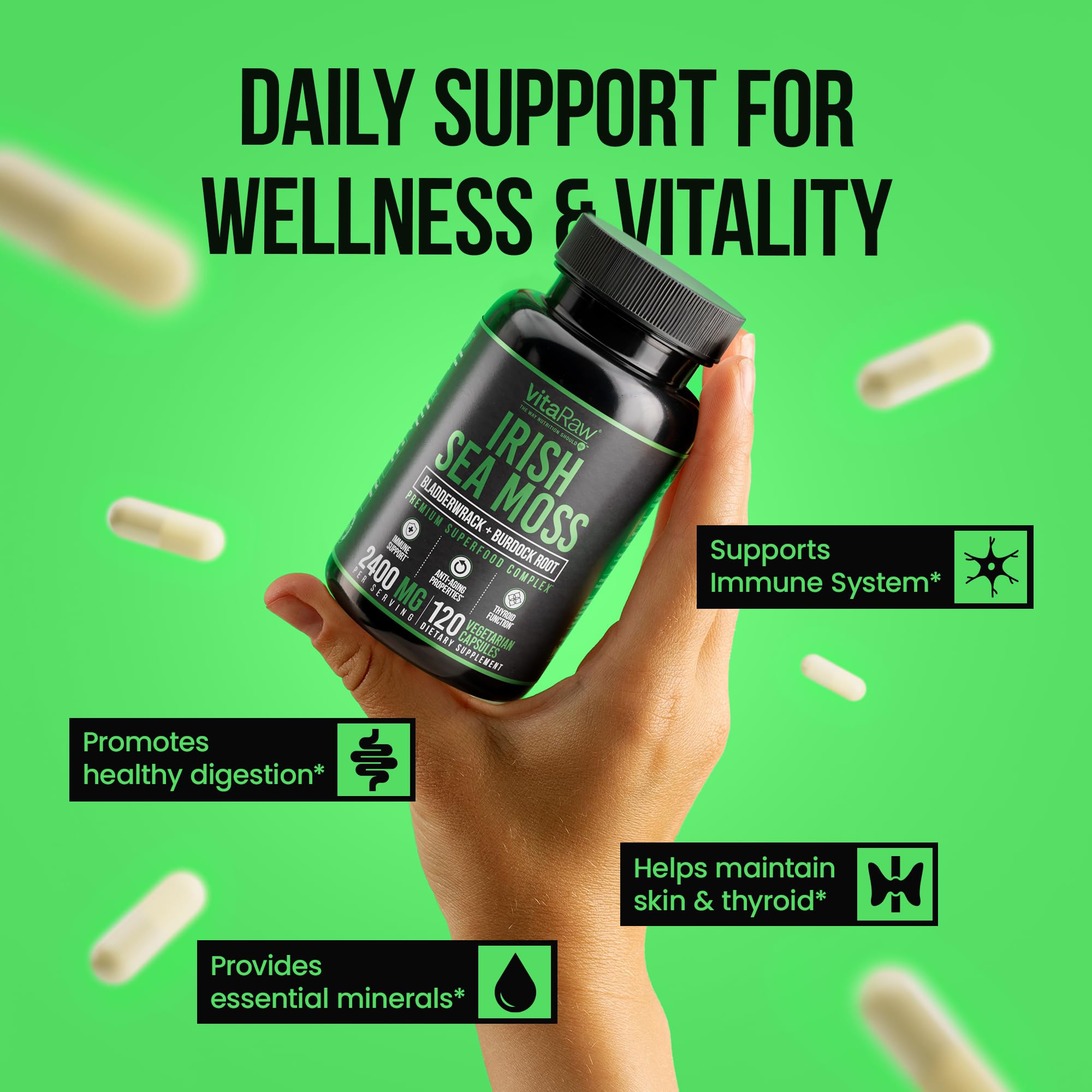 VitaRaw Organic Irish Sea Moss Capsules 2400 mg - Burdock Root and Bladderwrack Powder Real Seamoss Pills for Immune Support, Joint and Gut Health Help - Raw Sea Moss Advanced Herbal Supplement - TrustMedUSA