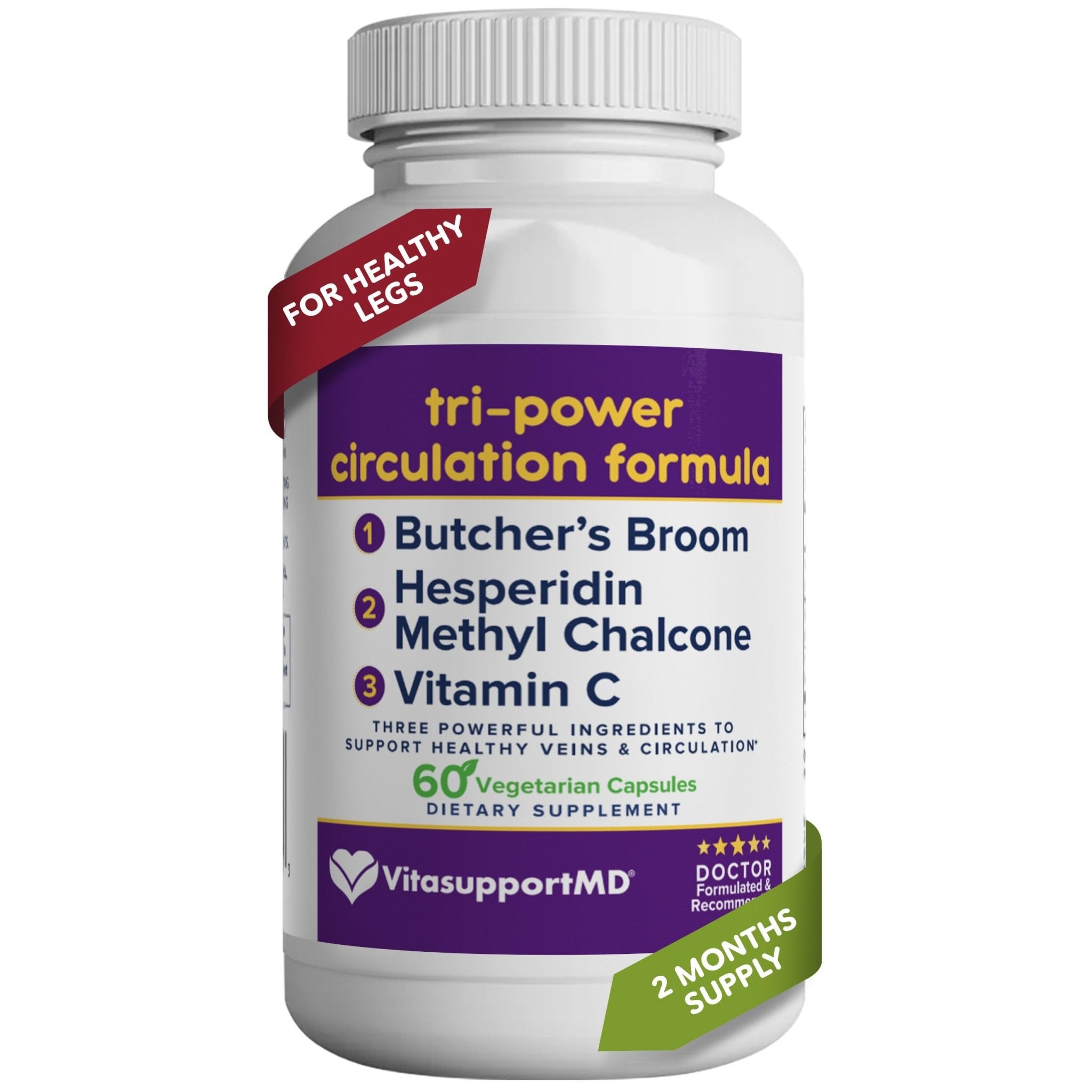 VITASUPPORTMD Tri-Power Circulation Formula - Circulation Supplement with Butcher's Broom, Hesperidin Methyl Chalcone, and Vitamin C, 60 Capsules, for Blood and Leg Circulation, Vein Health Support - TrustMedUSA
