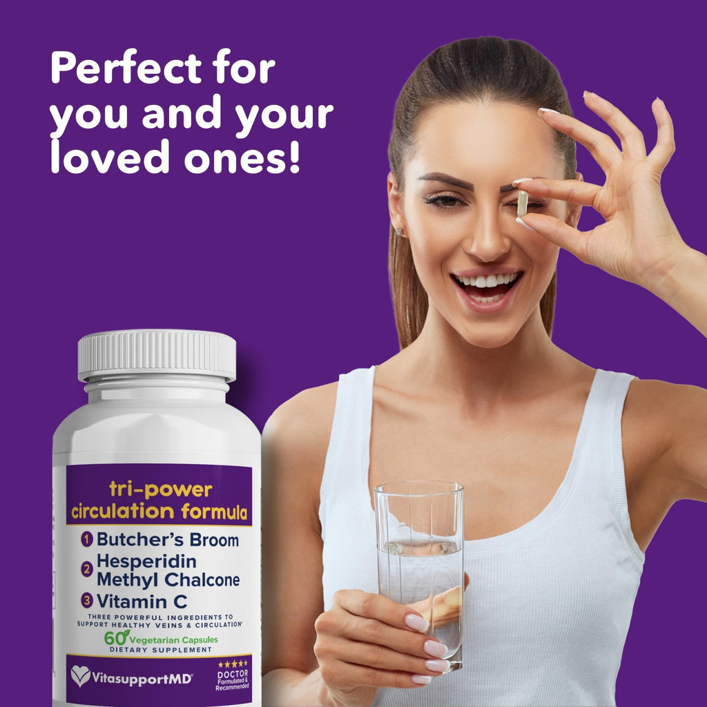 VITASUPPORTMD Tri-Power Circulation Formula - Circulation Supplement with Butcher's Broom, Hesperidin Methyl Chalcone, and Vitamin C, 60 Capsules, for Blood and Leg Circulation, Vein Health Support - TrustMedUSA