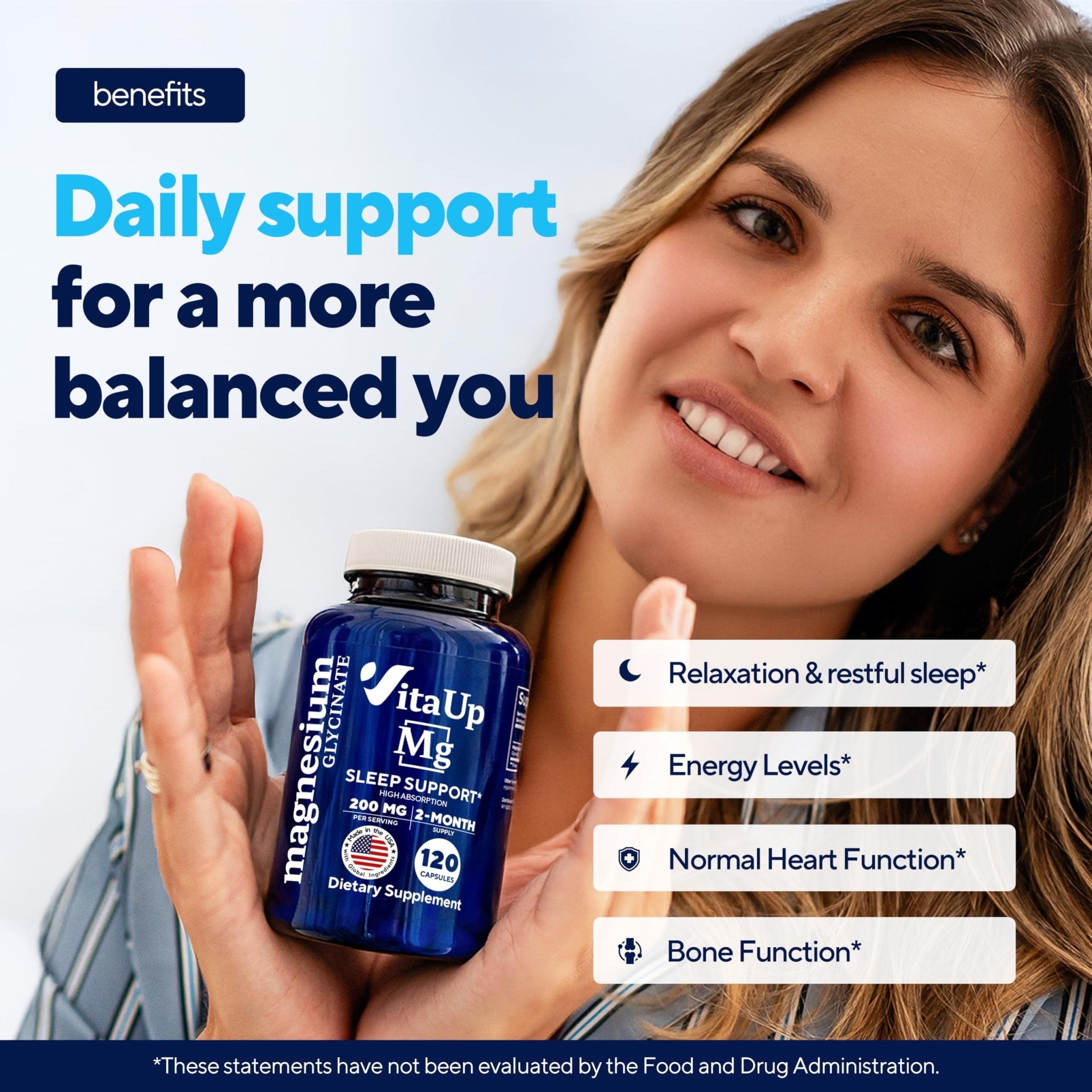 VitaUp Magnesium Glycinate 200mg - USA Made, Highly Absorbed, Non-GMO Magnesium for Relaxation, Deep Sleep, Bones & Heart - TrustMedUSA