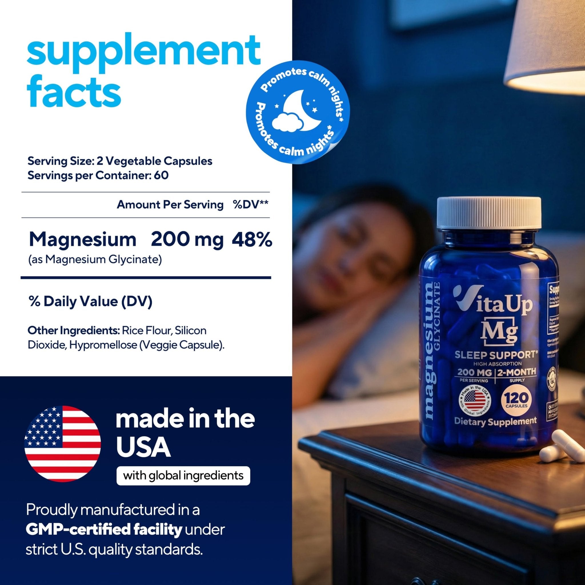 VitaUp Magnesium Glycinate 200mg - USA Made, Highly Absorbed, Non-GMO Magnesium for Relaxation, Deep Sleep, Bones & Heart - TrustMedUSA