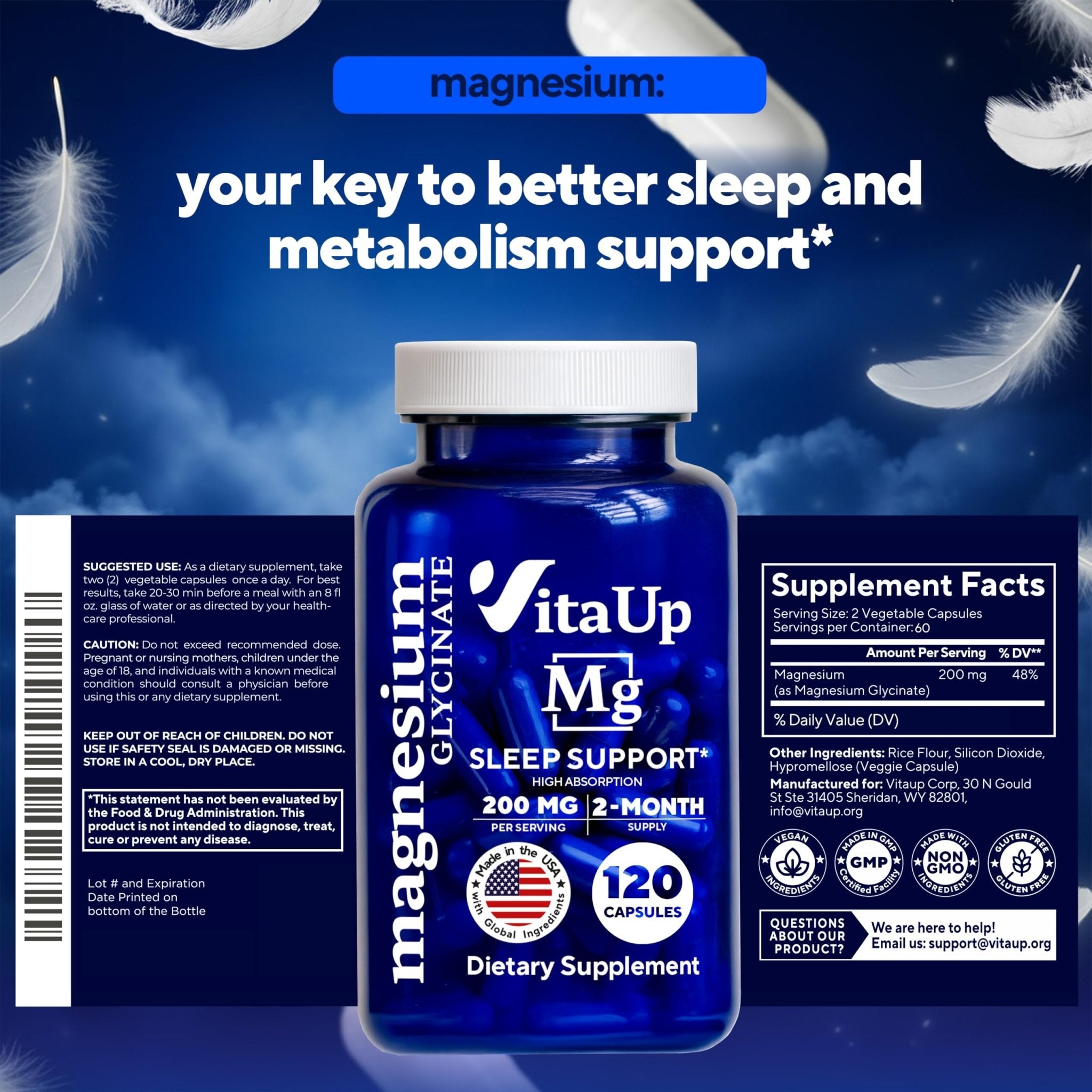 VitaUp Magnesium Glycinate 200mg - USA Made, Highly Absorbed, Non-GMO Magnesium for Relaxation, Deep Sleep, Bones & Heart - TrustMedUSA