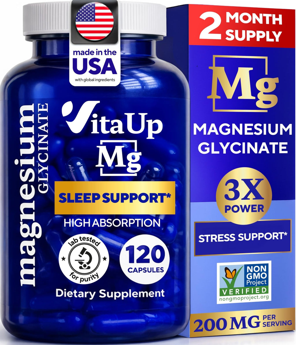 VitaUp Magnesium Glycinate 200mg - USA Made, Highly Absorbed, Non-GMO Magnesium for Relaxation, Deep Sleep, Bones & Heart - TrustMedUSA