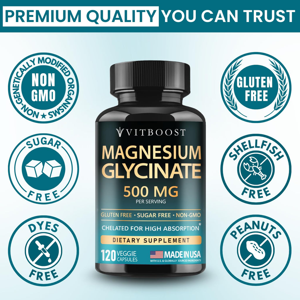 VITBOOST Magnesium Glycinate 500mg - High Absorption Chelated Supplement - Supports Sleep, Muscle Recovery & Heart Health - Non-GMO - TrustMedUSA