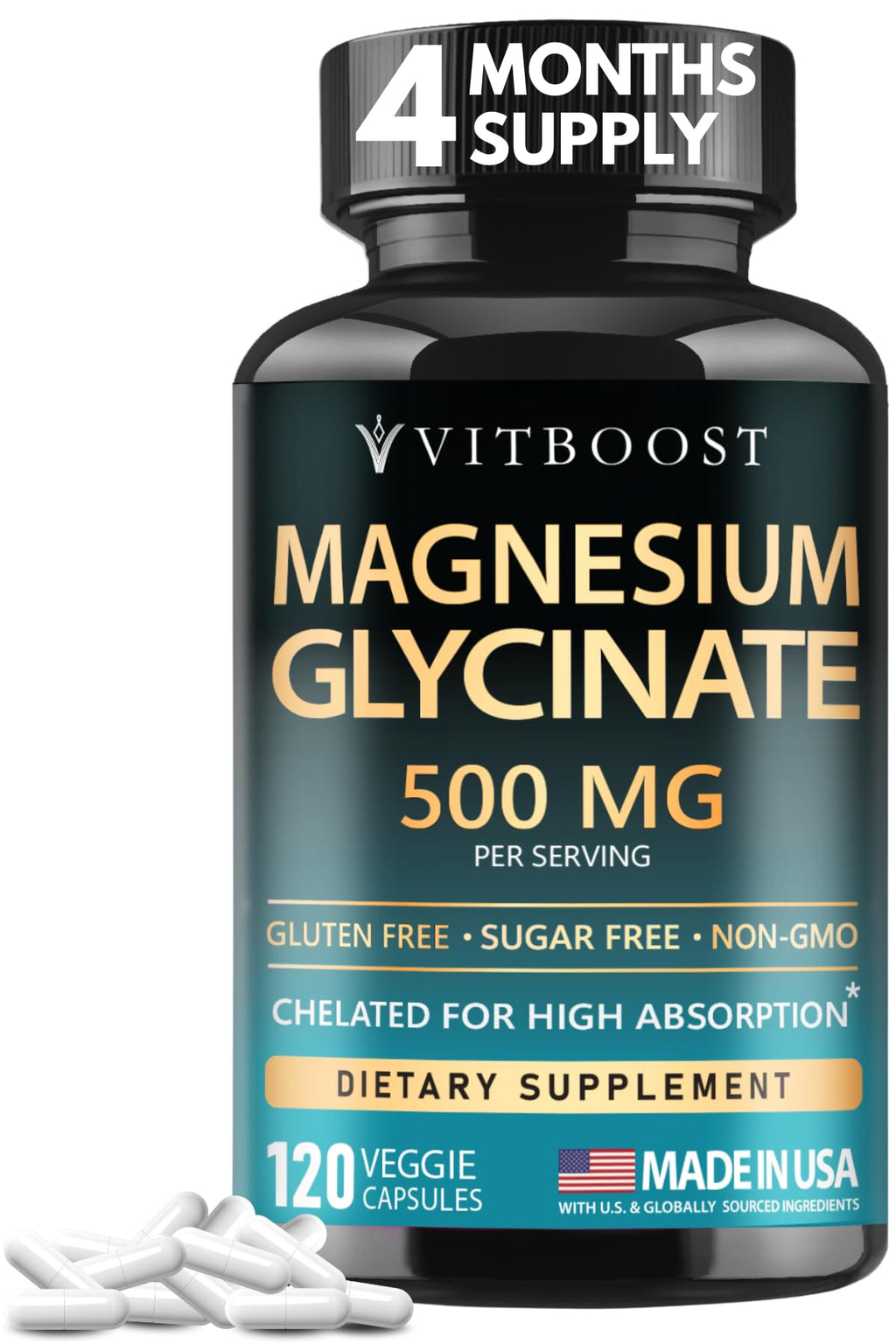 VITBOOST Magnesium Glycinate 500mg - High Absorption Chelated Supplement - Supports Sleep, Muscle Recovery & Heart Health - Non-GMO - TrustMedUSA