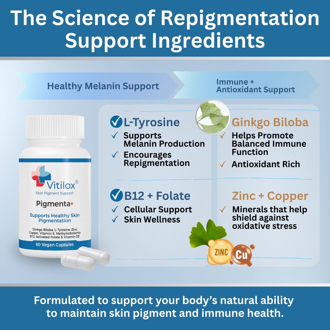 Vitilox Pigmenta+ Advanced, Skin Tone Support Supplement – 60 Tablets | 2 Months | Natural Vitiligo Skin Pigmentation Support | Reduce White Body Spots - TrustMedUSA