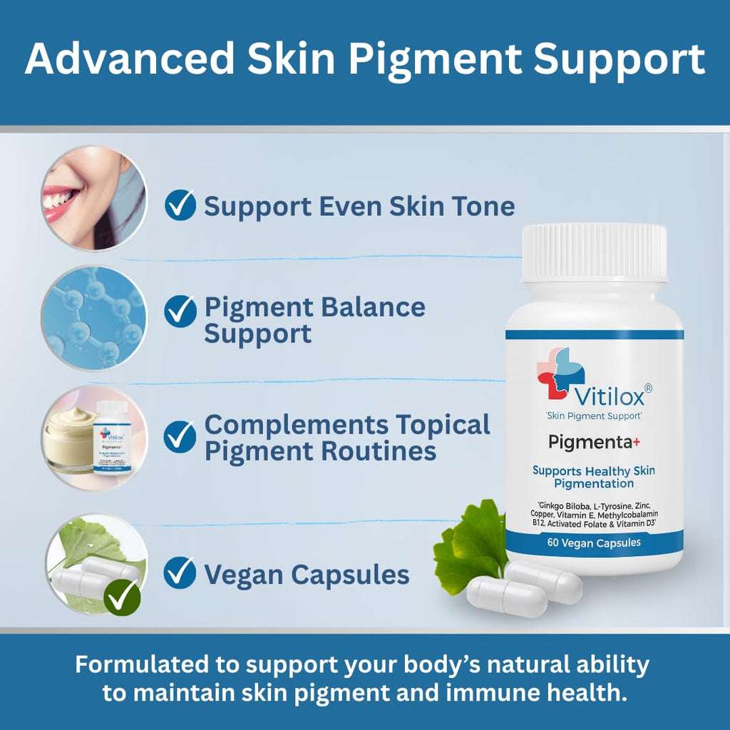 Vitilox Pigmenta+ Advanced, Skin Tone Support Supplement – 60 Tablets | 2 Months | Natural Vitiligo Skin Pigmentation Support | Reduce White Body Spots - TrustMedUSA