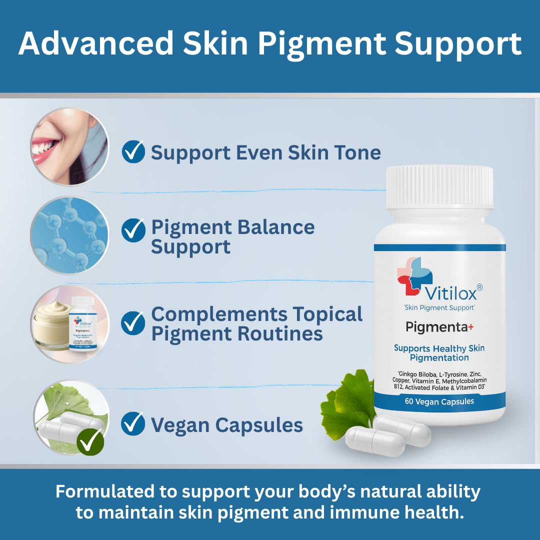 Vitilox Pigmenta+ Advanced, Skin Tone Support Supplement – 60 Tablets | 2 Months | Natural Vitiligo Skin Pigmentation Support | Reduce White Body Spots - TrustMedUSA