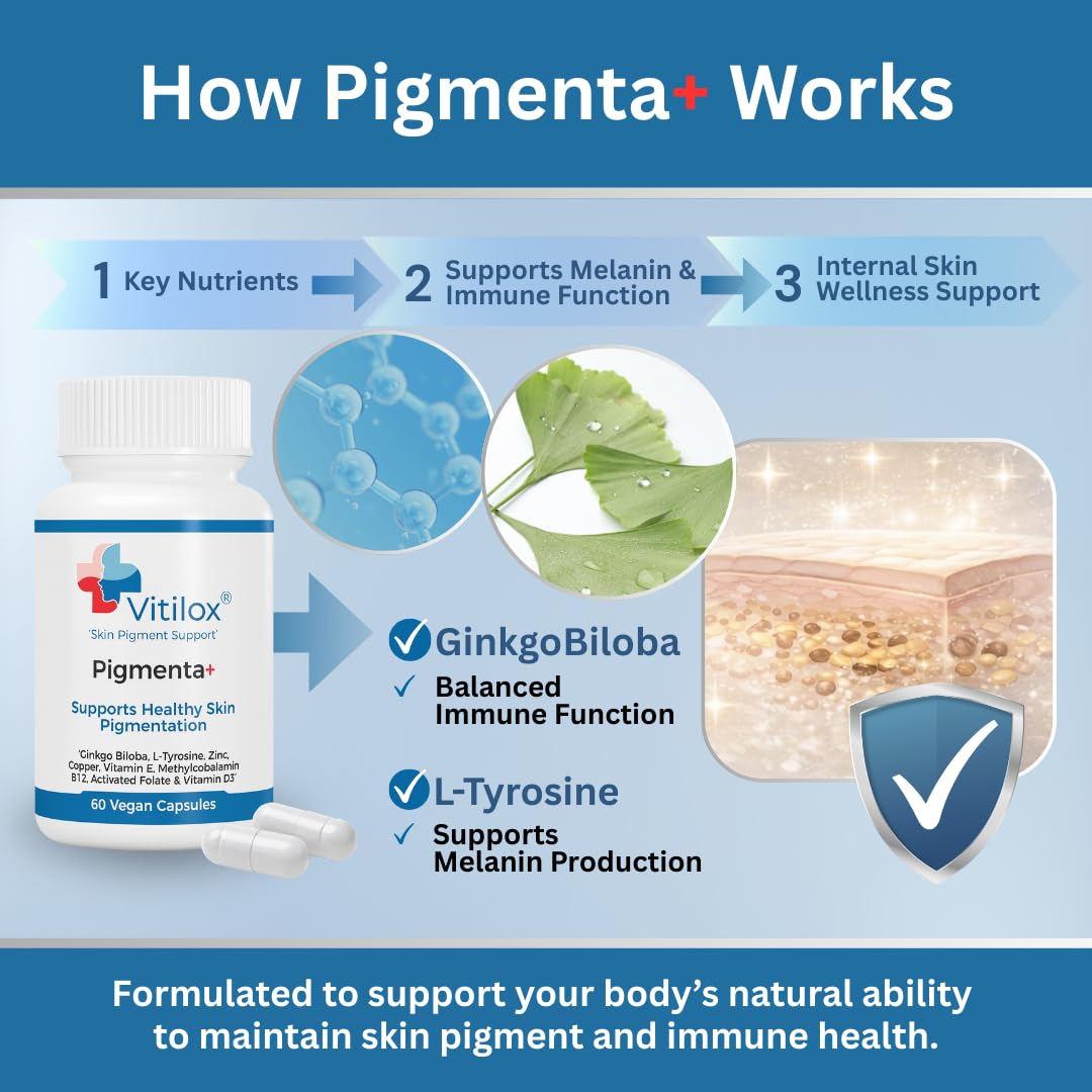 Vitilox Pigmenta+ Advanced, Skin Tone Support Supplement – 60 Tablets | 2 Months | Natural Vitiligo Skin Pigmentation Support | Reduce White Body Spots - TrustMedUSA