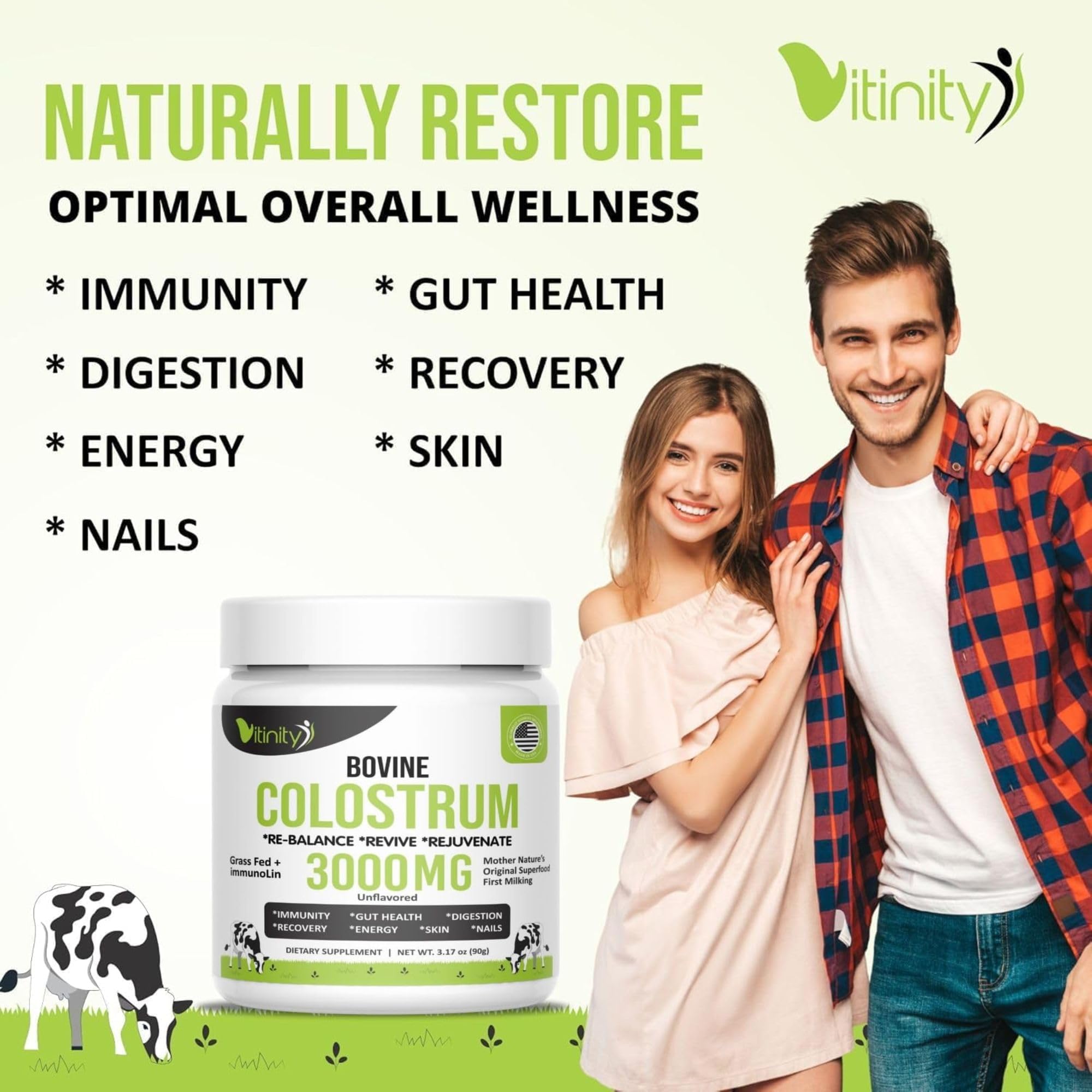 VITINITY Grass Fed Bovine Colostrum Powder for Humans 3000 mg - Natural IgG Colostrum Supplement Gut Health, Immune Support, Muscle Recovery, Wellness | Pure Colostrum Superfood,Unflavored 2 Pack - TrustMedUSA
