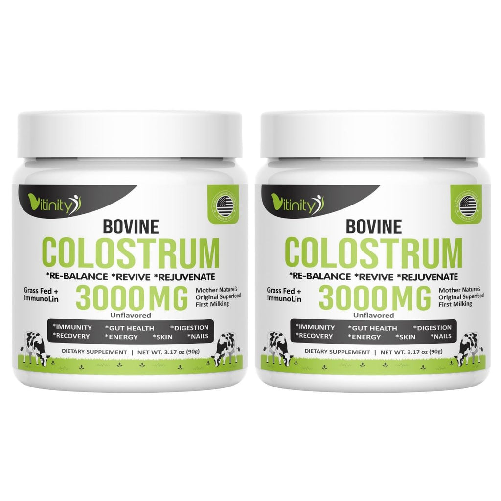 VITINITY Grass Fed Bovine Colostrum Powder for Humans 3000 mg - Natural IgG Colostrum Supplement Gut Health, Immune Support, Muscle Recovery, Wellness | Pure Colostrum Superfood,Unflavored 2 Pack - TrustMedUSA